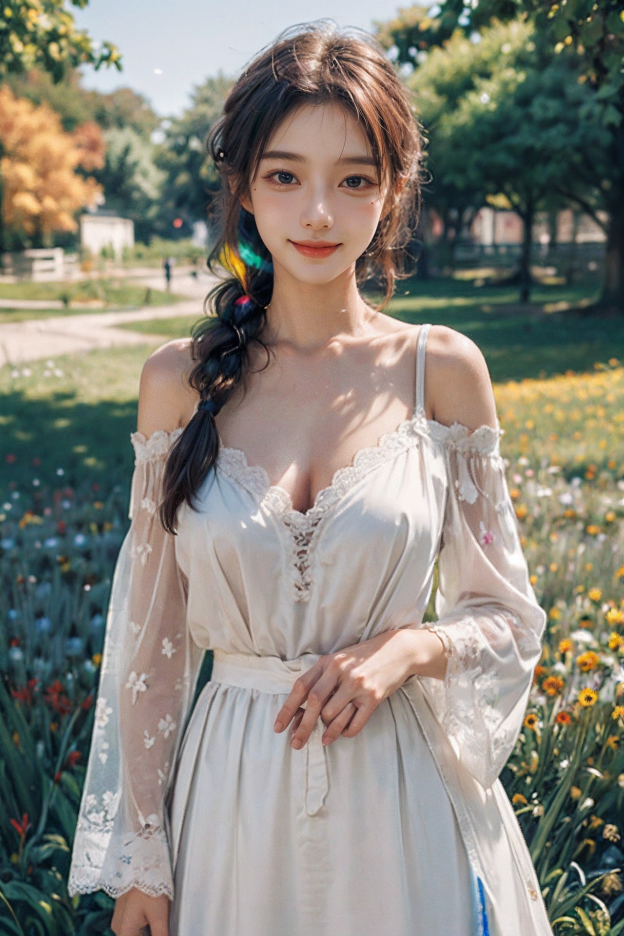 A woman in a white dress standing in a field of flowers - SeaArt AI
