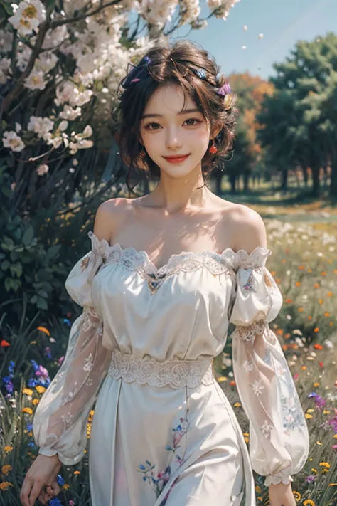 1girl,leogirl,tsurime,solo,(smiling,happy:1.25),(bright red lips,blush:0.8),huge breasts,(sagging breasts:1.2),braids,walking,pose,
(multicolored background,see-though high-waist lace chiffon dress with sleeves,plunging neckline,off shoulder:1.2),<lora:add_detail:0.33>,<lora:epi_noiseoffset2:0.5>,<lora:FilmVelvia3:0.25>,
(dreamflower,multicolored_background,A melancholic autumn scene in a vast flower field,a gentle breeze rustling through the dry grass,fallen leaves scattered among the flowers,a bittersweet atmosphere,a moment of quiet contemplation,Soft and warm color palette,delicate brushwork,evocative use of light and shadow,subtle details in the wilting flowers,high contrast,color contrast),<lora:dreamflower:0.4>,<lora:FlowerGarden_v1:0.4>,butterfly,
masterpiece,official art,best quality,high quality,highres,natural light,ray tracing,volumetric light,realistic,photorealistic,ultra highres,vivid,nostalgia,bokeh,