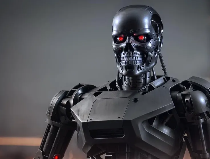 a robot with red eyes standing in the dark, terminator skeleton, screenshot from the game, animatronics, a portrait of an android, trmnt, <lora:terminate_yiu_v10:0.7>