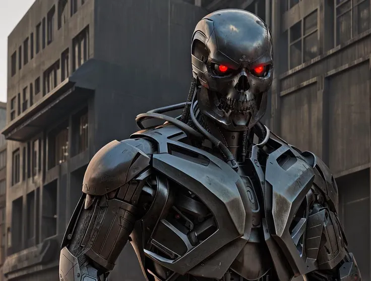 dark theme, red eyes, terminator, war machine, manufactures on background, street, hdr, city, metal skull, red eyes, skratches, rough metal, metal wires, exoskelet, hdr, raytracing, rev-9, reflections, (close-up:1.2), <lora:terminate_yiu_v10:0.7>, (intricate details:0.9), (hdr, hyperdetailed:1.2)