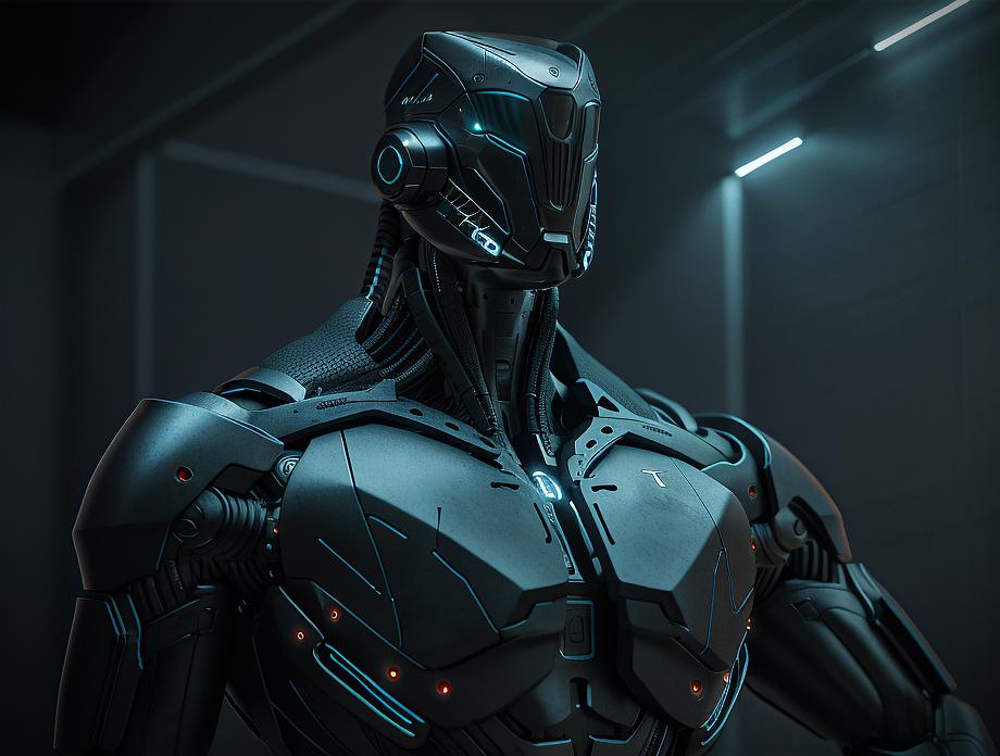 A close up of a robot in a dark room with a light on - SeaArt AI