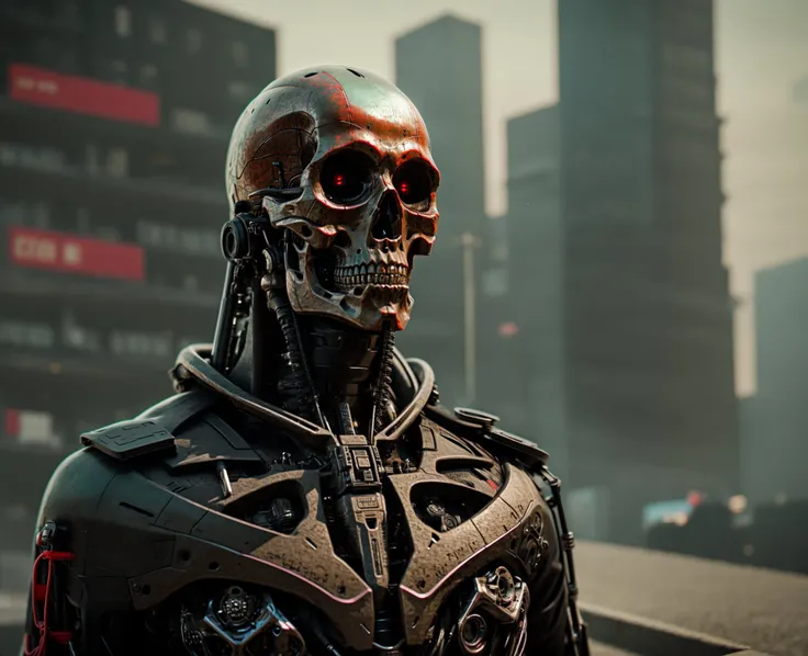 city background, raw photo there is a skeleton, cyberpunk art by Ikuo Hirayama, cgsociety, assemblage, undead cyborg head, cyberpunk skeleton, detailed portrait of a cyborg, <lora:Terminate_yiu_v20:0.9>