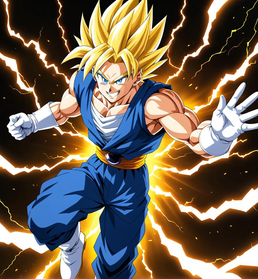 (masterpiece, best quality:1.2), <lora:db_vegetto-10:0.7>, <lora:lightningvfxCreateMore_v1:0.2>, solo, male focus, 1boy, vegetto, super saiyan, grin, looking at viewer, hands on hip, flying, floating, blonde hair, spiked hair, blue eyes, dougi, white boots, white gloves, pectorals, tail, surrounded by yellow lightning