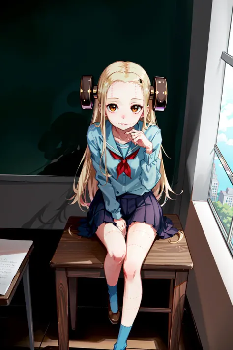 masterpiece, best quality,
madaraki_fran, blonde hair, brown eyes, stitched, crowd, crowded, dating, smile,<lora:madarakiFran_v10:1>, classroom, serafuku, sitting on desk, from above, pov face,