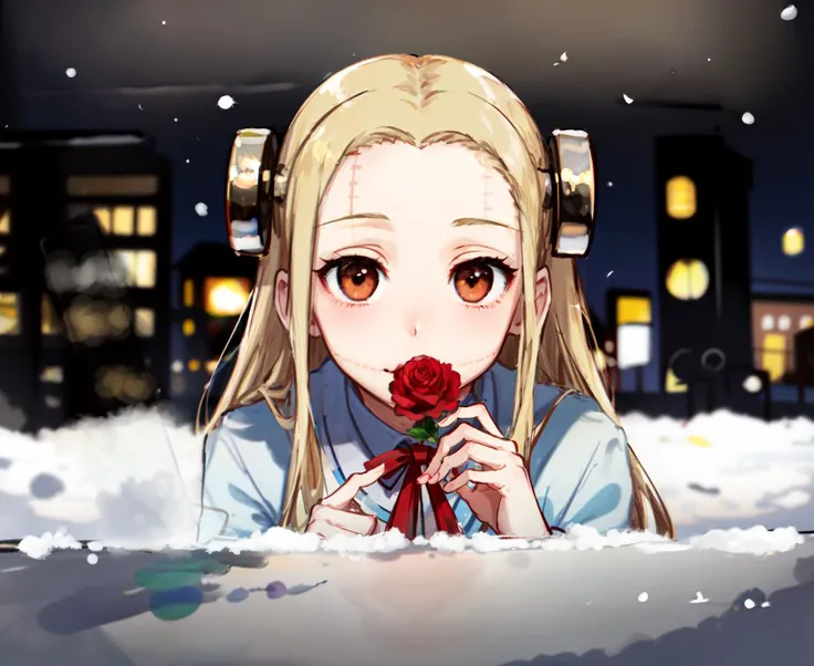 masterpiece, best quality, 
 madaraki_fran, blonde hair,  brown eyes, stitched, coat, winter, snow, street, crowd, crowded, dating, (((pov kissing))), light smile,rose, flower,<lora:madarakiFran_v10:1>
cafe shop,
