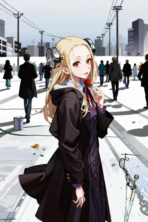masterpiece, best quality,
, test tube, madaraki_fran, blonde hair, brown eyes, stitched, coat, winter, snow, street, crowd, crowded, dating, (((pov dating))), light smile,((( rose))), flower,<lora:madarakiFran_v10:1>