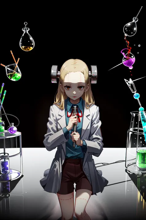 masterpiece, best quality,
, labcoat, (((laboratory))), test tube, glass tubes,thinking, observing, <lora:madarakiFran_v10:1>, madaraki_fran, blonde hair, brown eyes, stitched,lighting from above,