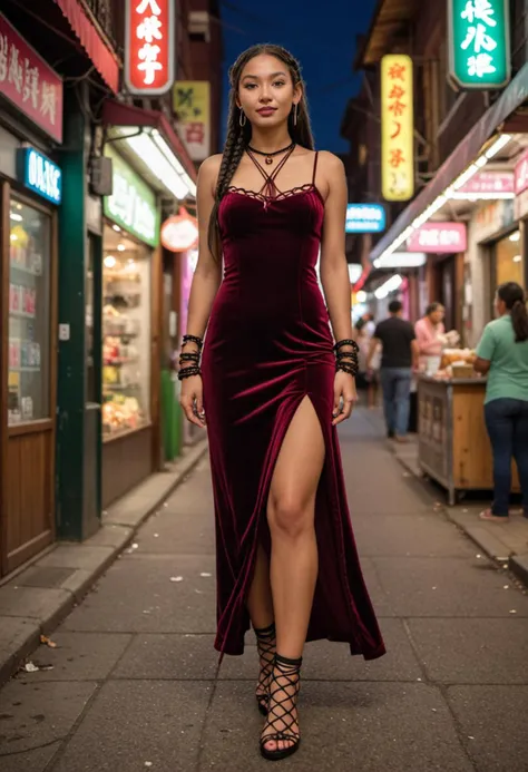 masterpiece, reality, 4k, (medium full shot) of (alluring harlot) young woman, native american, tan skin, green eyes, slim build, extra long dark single braid hair, wearing a burgundy velvet cocktail dress with daring details, fishnet stockings, strappy sandals, dangling earrings, glossy pink lip gloss, lace gloves, set in  bustling street, neon lights flashing, people milling about, sounds of laughter and conversation, the smell of food from nearby vendors, vibrant and lively atmosphere, at night, woman smiling