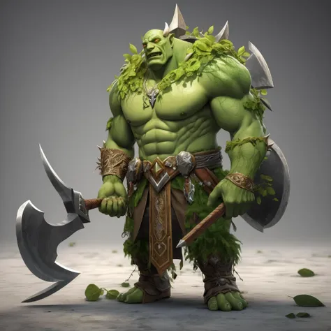 masterpiece, high quality, 3d rendering, a photo of f4nt4nsy style <lora:FantasyHero3-000004:0.4>, monster, orce, green skin, battle axe, chibi, fantasy background