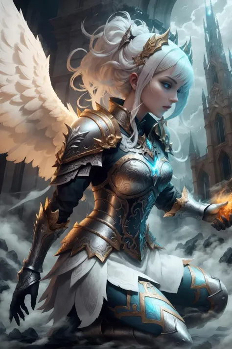1 girl, woman, angel, blond hair, silver armor, large pair of wings, complex pattern, slaying a demon, battle roar, Battlefield, Scorched Citadel, Ashes and Dust falling, VFX, Fantasy, Time-Lapsing, Illustration, Cinematic Pose, Dutch Angle, Low Angle Shot, Depth of Field, Sharp Focus, Intricate Details, Tone-mapping, Ambient Occlusion, Backlighting, Shadow Mapping, Ambient Light, Secondary Fill Light, Spectacular Map, Atmospheric Perspective, Color Punch Overlay, Anti-Aliasing., Masterpiece, Best Quality, High Resolution, 4k.
<lora:FantasyHero_v2-000005:0.6> f4nt4nsy style