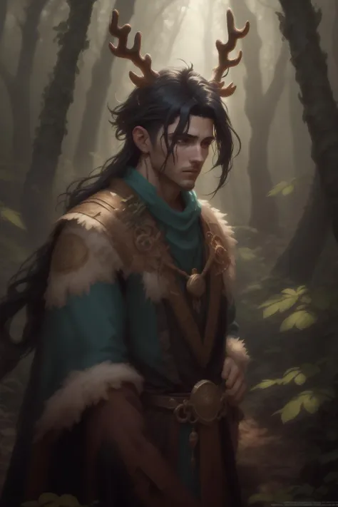 best quality, masterpiece, of a male, dressed as a Oracle, with black hair, with a male fantasy hairstyle, wearing a antlers, close-up, fighting, In a mystical forest where the trees are made of crystal and the leaves are pure light,, realistic, concept art, cinematic, volumetric lighting, highly detailed, 8k f4nt4nsy style <lora:FantasyHero_v2:.5>