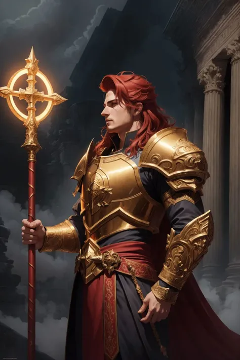 (masterpiece:1.2) (illustration:1.1) (best quality:1.2) (detailed) (intricate) (8k) (HDR) (wallpaper) (cinematic lighting) (sharp focus), of a male, dressed as a Knight guard, with red hair, with a male fantasy hairstyle, wearing a halo, portrait, standing, In a celestial palace in the clouds, home to a pantheon of gods,  <lora:FantasyHero_v2:0.4> f4nt4nsy style