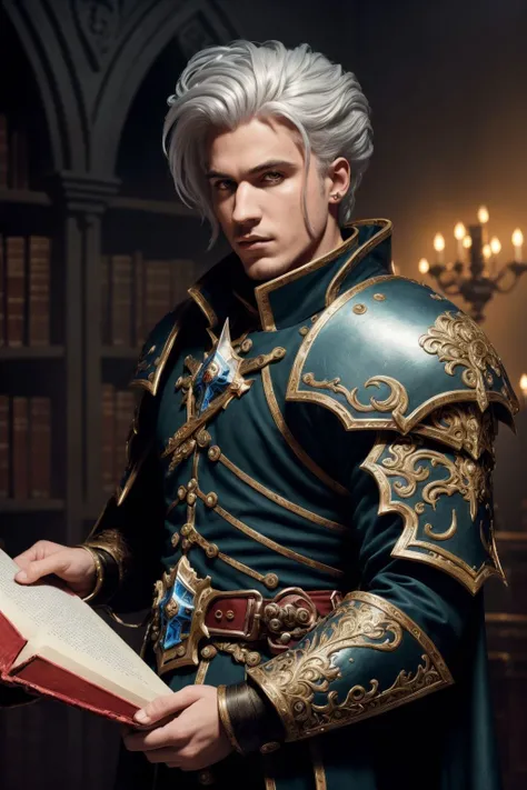 (masterpiece:1.2) (illustration:1.1) (best quality:1.2) (detailed) (intricate) (8k) (HDR) (wallpaper) (cinematic lighting) (sharp focus), of a male, dressed as a Death Knight guard, with platinum hair, with a male fantasy hairstyle, wearing a blood on face, close-up, sat, In a vast library in the clouds, where every book contains a different universe,  <lora:FantasyHero_v2:0.4> f4nt4nsy style