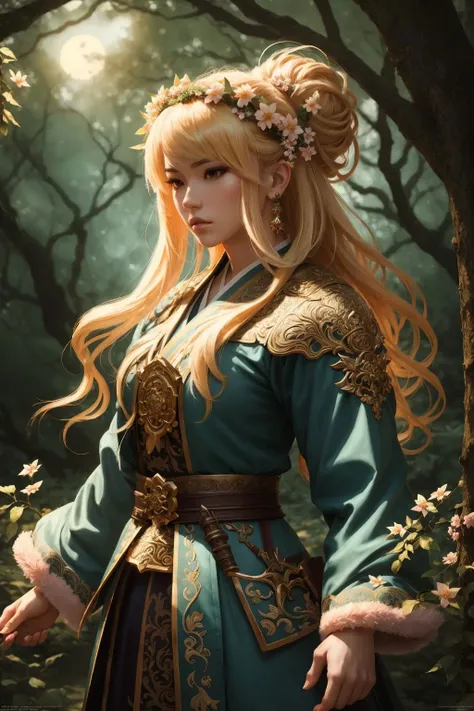 (masterpiece:1.2) (illustration:1.1) (best quality:1.2) (detailed) (intricate) (8k) (HDR) (wallpaper) (cinematic lighting) (sharp focus), of a female, dressed as a Samurai warrior,, with blonde hair, with a female fantasy hairstyle, wearing a wreath, portrait, posing, In a tranquil glade where time stands still and fairies dance in the moonlight, <lora:FantasyHero_v2:0.4> f4nt4nsy style