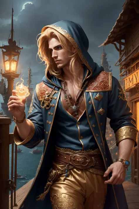 (masterpiece:1.2) (illustration:1.1) (best quality:1.2) (detailed) (intricate) (8k) (HDR) (wallpaper) (cinematic lighting) (sharp focus), of a male, dressed as a Time Manipulator, with blonde hair, with a male fantasy hairstyle, wearing a hood, close-up, running, In a bustling harbor town where pirate ships dock, laden with treasures from uncharted lands, <lora:FantasyHero_v2:0.4> f4nt4nsy style