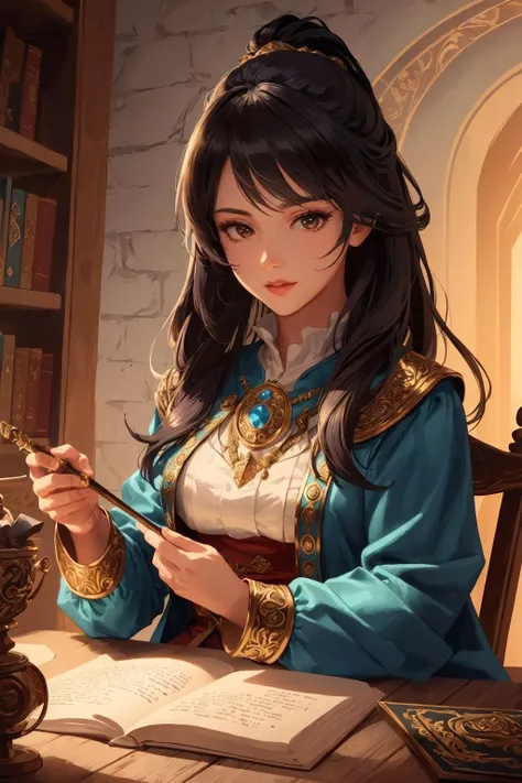 (masterpiece:1.2) (illustration:1.1) (best quality:1.2) (detailed) (intricate) (8k) (HDR) (wallpaper) (cinematic lighting) (sharp focus), of a female, dressed as a Swashbuckler, with black hair, with a female fantasy hairstyle, wearing a blood on face, close-up, fighting, In a grand library filled with magical books and scrolls, guarded by animated statues, <lora:FantasyHero_v2:0.4> f4nt4nsy style