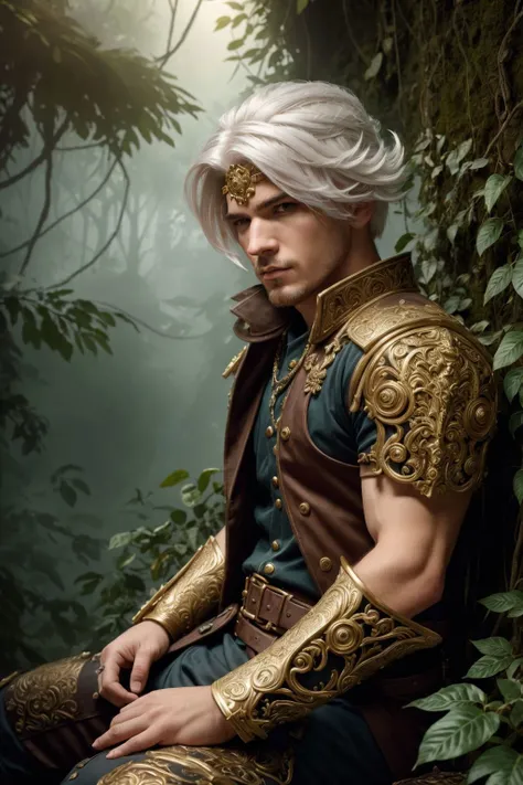 (masterpiece:1.2) (illustration:1.1) (best quality:1.2) (detailed) (intricate) (8k) (HDR) (wallpaper) (cinematic lighting) (sharp focus), of a male, dressed as a Marksman, with platinum hair, with a male fantasy hairstyle, wearing a steampunk mask, close-up, sitting, In a forgotten temple in the jungle, overgrown with vines and home to sacred relics,  <lora:FantasyHero_v2:0.4> f4nt4nsy style