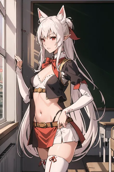 masterpiece, best quality,8K,intricate details,Highest quality, super resolution,neutral colors,detailed eyes, ultra detailed, intricate details,detailed clothes,meticulous clothes,intricate detail,photorealistic, (hyperrealistic:1.2),
full body,beautiful,oval face, slender, lanky,small breasts,micromastia,narrow waist, pointy ears,
<lora:chara_GATEJietai_Tyuule_v1:0.7> tyuule, white hair, very long hair, rabbit ears, red eyes, navel, belt, red bow, thighhighs, bridal gauntlets, midriff, navel, yellow vest, (Japanese-style classroom, sunlight shines into the classroom,chalkboard,city scene outside the window,)