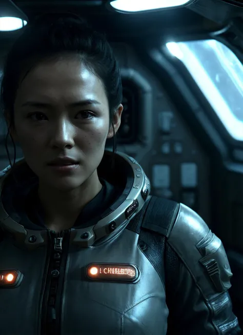close up photo of sks woman, rugged space trucker, inside industrial spaceship, futuristic science fiction, action scene, digital concept art, realistic, intricate detailed textures, filmic, cinematic, environmental character portrait, <lora:locon_zhangziyi_v1_from_v1_64_32:1.25>