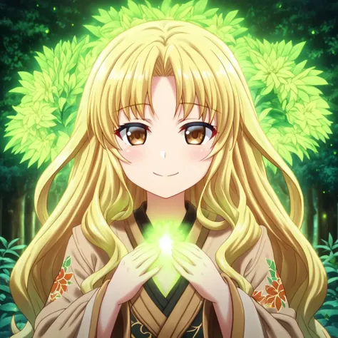 mana_sk style, portrait, focus on face, a serene healer girl with wavy blonde hair and soft brown eyes, wearing a robe adorned with floral patterns, a peaceful smile as she holds a glowing herb in her hand, a gentle forest background with soft morning light, Japanese RPG style, calming and nurturing atmosphere, intricate details on her robe and the glowing herb