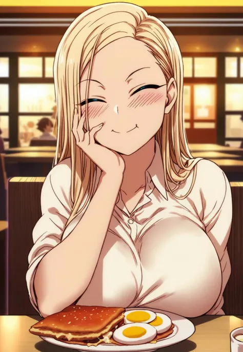 safe_pos, score_9, score_8_up, score_7_up, source_anime, 1girl, solo, reina kurashiki, blue eyes, blonde hair, long hair, large breasts, <lora:kurashiki_reina-lora:aiue_oka>,
fried egg, bacon, fried egg on toast, holding food, eating, cafe, restaurant, smile, blush, closed eyes, hand on own cheek}}}, indoors, food, upper body,
high quality, best quality, amazing quality, very aesthetic, absurdres, detailed hair,detailed face,detailed skin, ultra amazing detailed face and eyes,
<lora:EMS-439196-EMS:1.000000>,
<lora:aiue_oka>