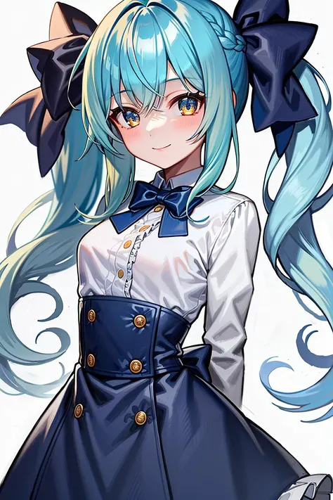 1girl, arms_behind_back, blue_hair, blue_theme, bow, braid, dress, hair_bow, half_updo, hishikawa_rikka, long_hair, long_sleeves, looking_at_viewer, shirt, smile, solo, white_background, white_shirt