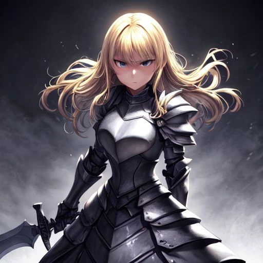 Beautiful blonde girl, black armor in the form of a dress, holding in her hands a large black sword with a golden blade, Serious look, battle posture,Clear eyes, high quality, high color saturation, high definition, super detailed, anime ART, 4k , Perfect eyes, perfect nose.