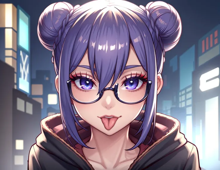 1girl, bandaid on nose, bangs, collarbone, cyberpunk, double bun, glasses, hair between eyes, lipstick, looking at viewer, makeup, portrait, purple hair, round eyewear, solo, tongue out