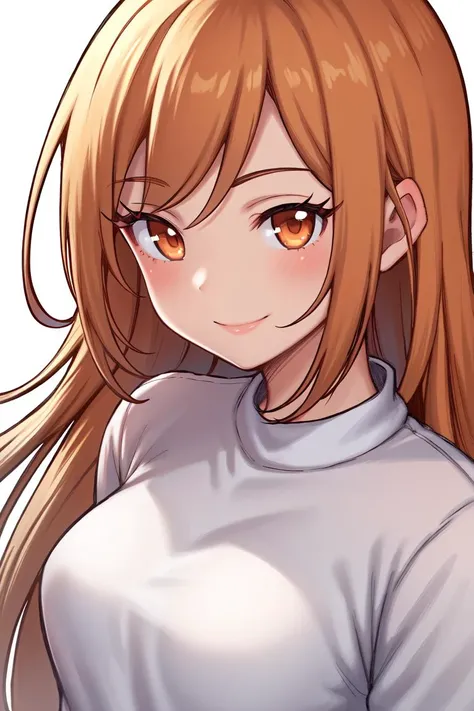 1girl, solo, upper body, orange hair, long hair, orange eyes, long eyelashes, thick eyelashes, looking at viewer, smile, white shirt, white background, simple background