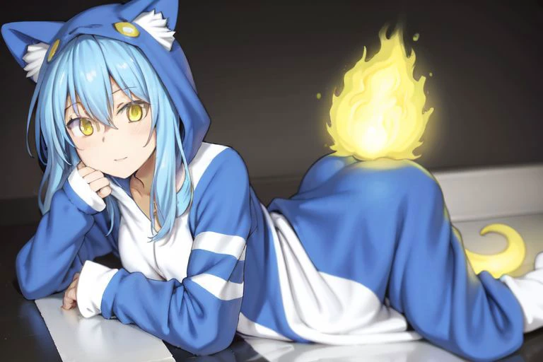 highres, ultra-detailed, kigurumi, rimuru tempest, light blue kigurumi, yellow eyes