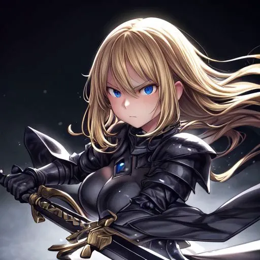 Beautiful blonde girl, black armor in the form of a dress, holding in her hands a large black sword with a golden blade, Serious look, battle posture,Clear eyes, high quality, high color saturation, high definition, super detailed, anime ART, 4k , Perfect eyes, perfect nose.