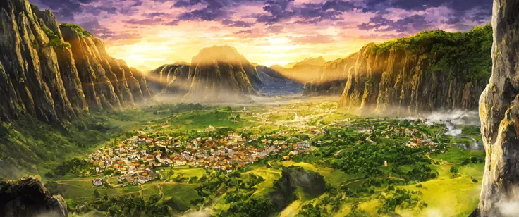 Valley, with medival village  Tundra , , cave, , sunset , sunlight with godrays, , thunderstorm, thunderstorm, ,