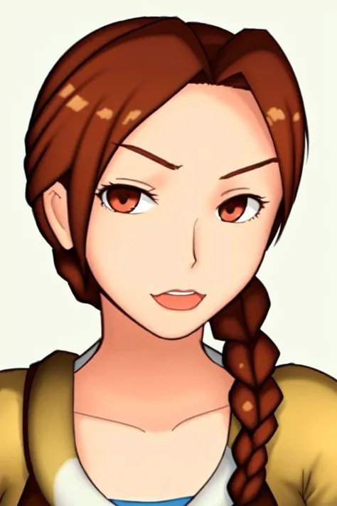 1girl, vintagelara, single braid, brown hair, solo, looking a the viewer, focus on face, beautiful,
