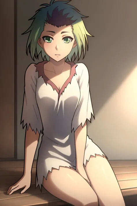 <lora:HomuraV777:0.7>
Homura,short hair,green eyes,multicolored hair, sitting, alternate costume,