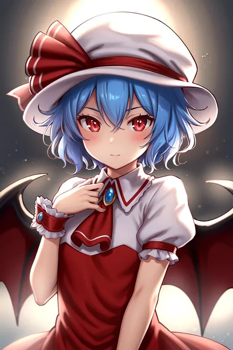 1girl, solo, remilia scarlet, wings, hat, flower, bat wings, red eyes, wrist cuffs, short hair, hat ribbon, upper body, ribbon, slit pupils, looking at viewer, blue hair, masterpiece, best quality,