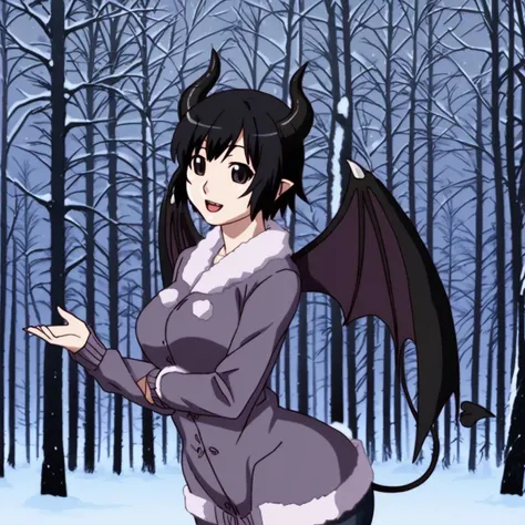 Girl, succubus, black hair, black horns, black eyes, large chest, large ass, short hair, horns, wings, forest background, night, winter clothes, happy