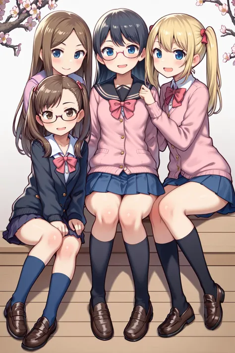 4girls, :d, black hair, black legwear, black serafuku, blazer, blonde hair, blue bow, blue eyes, bow, brown eyes, brown hair, cardigan, cherry blossoms, cover, glasses, jacket, kneehighs, loafers, long hair, looking at viewer, manga cover, multiple girls, open mouth, petals, pink bow, pink bowtie, pink neckwear, pink shirt, pink sweater, pleated skirt, sailor collar, school uniform, serafuku, shoes, short hair, skirt, smile, twintails