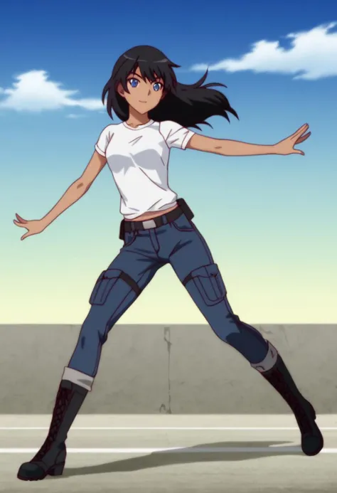 Woman, sky blue eyes, long black hair, slightly tanned, slender figure, blue jeans, white shirt, black ranger combat boots