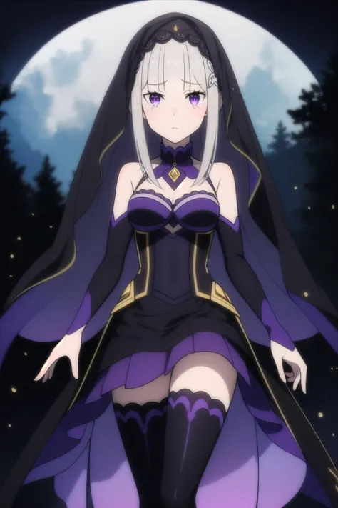 anime, hdr, soft light, ((best quality)), ((masterpiece)), (detailed), colorful, <lora:EmiliaV2:0.8> Emilia surrounded by purple smoke, (black dress, gold trim:1.1), gold rose, black thighhighs, (hood up, veil, shaded face:1.1), sad, tears, looking at viewer, purple glow, dark theme, walking, abstract background, <lora:LAS:0.3>, <lora:lowra_v10:0.5>