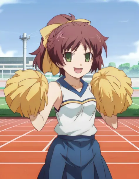 score_9, score_8_up, score_7_up, (source_anime:1.4), BREAK, colorful, 1girl, solo,  <lora:Minami_Shimada:0.8>, Minami, hair ribbon, <lora:ChamHaruCheerUniformPonyXL:0.9>, HaruCheerUniform, sleeveless, blue skirt, track and field, cheerleader, pom pom \(cheerleading\), happy,