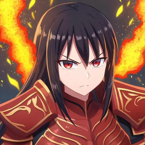 mana_sk style, portrait, focus on face, a determined swordswoman with shoulder-length black hair and intense crimson eyes, wearing dark armor with intricate red engravings, a slight smirk revealing her confidence, embers drifting around her from a recent battle, Japanese RPG style, bold and intense atmosphere, intricate details on her armor and fiery embers