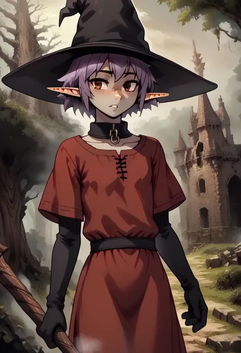 4byss, Lapanya, pointy ears, ((snout nose)), flat chest, androgynous, , solo, fair skin, short stature, ((hazel eyes)), lilac hair, tomboy haircut, short hair, gloves, black hat, black gloves, yellow trim, collar, witch hat, bandages, red tunic,
grinning,
Dutch angle, face focus, close up, detailed face, high angle,
Variety, dynamic view, dynamic pose, holding wizard staff, 3 fingers 1 thumb,
Medieval style,
((cavern background, fog, trees, hills, organic chamber, soft light, moss on ceiling, luminous moss)), clean lines, smooth colors, sfw, source: anime, rating: pg, score: 8 up, score: 9