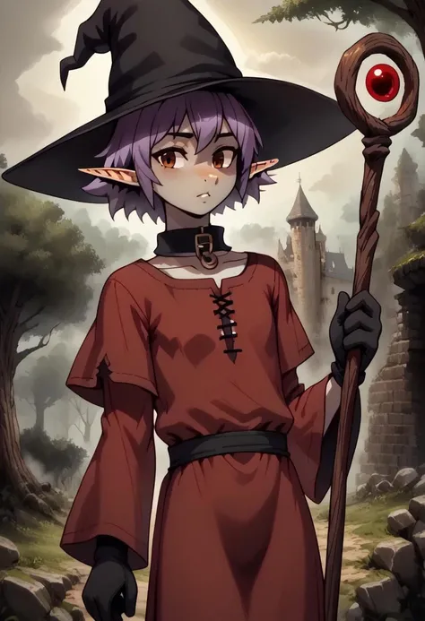 4byss, Lapanya, pointy ears, ((snout nose)), flat chest, androgynous, , solo, fair skin, short stature, ((hazel eyes)), lilac hair, tomboy haircut, short hair, gloves, black hat, black gloves, yellow trim, collar, witch hat, bandages, red tunic,
grinning,
Dutch angle, face focus, close up, detailed face, high angle,
Variety, dynamic view, dynamic pose, ((holding wizard staff)), 3 fingers 1 thumb,
Medieval style,
((cavern background, fog, trees, hills, organic chamber, soft light, moss on ceiling, luminous moss)), clean lines, smooth colors, sfw, source: anime, rating: pg, score: 8 up, score: 9