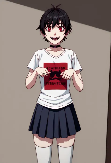 score_9, score_8_up, score_7_up, masterpiece, 4k, 8k, highest quality, highest resolution, uncompressed image, highest detail, highest quality, very detailed body, very detailed clothings, ((set up on the following description, always the same look, always the same appearance)), solo, female, yandere, crazy, pretty, freckles, multi colored red and black hair, short ponytail, light red eyes, perky plump breats, plump ass, detailed, skinny girl, with slim body and, pale skin, cute, tomboy clothings, yandere pose, scary pose, scary, horror, crazy yandere expression, obsessive, shirt, skirt, with thighhighs, ring choker, portrait, best light, upper-body shot, rating_safe,