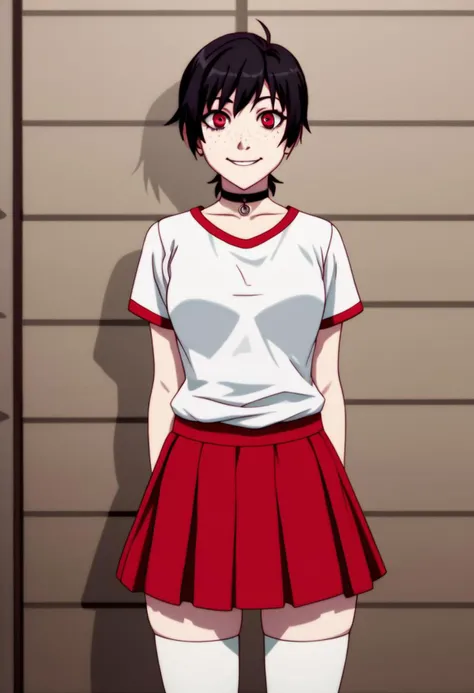 score_9, score_8_up, score_7_up, masterpiece, 4k, 8k, highest quality, highest resolution, uncompressed image, highest detail, highest quality, very detailed body, very detailed clothings, ((set up on the following description, always the same look, always the same appearance)), solo, female, yandere, crazy, pretty, freckles, multi colored red and black hair, short ponytail, light red eyes, perky plump breats, plump ass, detailed, skinny girl, with slim body and, pale skin, cute, tomboy clothings, yandere pose, crazy yandere expression, obsessive, shirt, skirt, with thighhighs, ring choker, portrait, best light, upper-body shot, rating_safe,