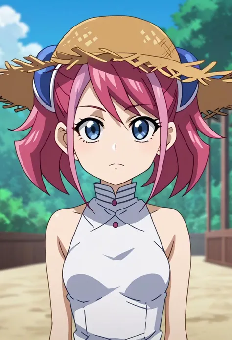 1girl, solo, yuzu hiiragi, blue eyes, hair ornament, small breasts, multicolored hair, pink hair, streaked hair, twintails, anime screencap, anime coloring, score_9, score_8_up, score_7_up, source_anime,
straw hat, white summer dress,outdoors