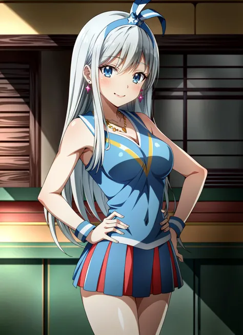 model shoot, kpop idol, seductive,insanely detailed, absurdres, ultra-highres, ultra-detailed, best quality, (mature female), (masterpiece, ultra-detailed), (best quality, 32k, detailed),
1girl, solo, nice hands, perfect hands,
BREAK
(gem, gold, silver, diamond, glint, sapphire, ruby, emerald, pearl, amber, obsidian, small tiara, necklace, earrings, bracelet),
(ornate delicate), ((((cheerleader costume:1.4)))),
BREAK
((huge breasts:1.2)), shiny skin, ((dark skin)),
happy smile, closed mouth,
(perfect female body,(narrow waist, narrow hips)), perfect symmetrical face, ultra cute girl, ultra cute face, ultra detailed eyes, ultra detailed hair, ultra cute, ultra beautiful,
((ultra detailed background)),
(oil hair:1.2), ((silver hair)),((straight_hair, long hair)), ((hime_cut:1.4)),(parted_bangs), ((makeup)), (eyelashes, eyeliner, eyeshadow, eyelashes, long eyelashes), ((blue eyes)), (light red lips),
((cowboy shot:1.2)),(standing),(((looking at viewer))),
<lora:more_details:0.2><lora:add\ImageEnhance:0><lora:weight_slider_v2:-0.4><lora:epi_noiseoffset2:0.5>