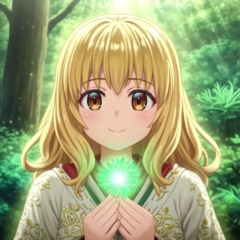 mana_sk style, portrait, focus on face, a serene healer girl with wavy blonde hair and soft brown eyes, wearing a robe adorned with floral patterns, a peaceful smile as she holds a glowing herb in her hand, a gentle forest background with soft morning light, Japanese RPG style, calming and nurturing atmosphere, intricate details on her robe and the glowing herb