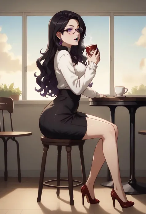 score_9, score_8_up, score_7_up, high resolution, best quality, detailed, manga style, lineart, cloudy day, inside a coffe shop, sitting on a chair, sitting at a table, sitting next to a big window, cup of coffee on the table, 1girl, full body, slender body, curvy body, intricate eyes, jade eyes, glasses, medium breasts, wide hips, nice ass, naughty face, sexy pose, goth girl, purple nail polish, long hair, wavy hair, dark red hair, purple lipstick, makeup, metal piercing earrings, white sweater, high waist skirt, black skirt, red high heels, <lora:add-detail-xl:-1>, Expressiveh, <lora:Smooth Anime Style LoRA XL:1>
