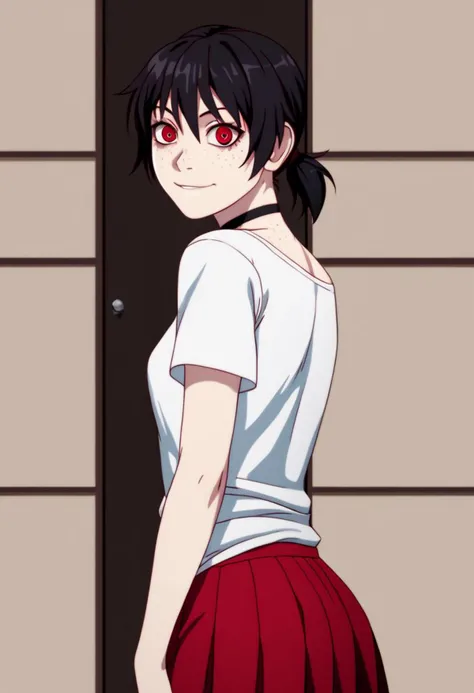 score_9, score_8_up, score_7_up, masterpiece, 4k, 8k, highest quality, highest resolution, uncompressed image, highest detail, highest quality, very detailed body, very detailed clothings, ((set up on the following description, always the same look, always the same appearance)), solo, female, yandere, crazy, pretty, freckles, multi colored red and black hair, short ponytail, light red eyes, perky plump breats, plump ass, detailed, skinny girl, with slim body and, pale skin, cute, tomboy clothings, yandere pose, crazy yandere expression, obsessive, shirt, skirt, with thighhighs, ring choker, portrait, best light, upper-body shot, rating_safe,
